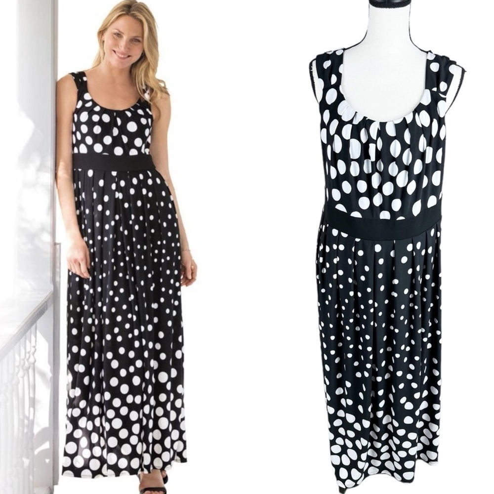 Woman Within Black Ombre Polka Dot Banded-Waist Print Maxi Dress